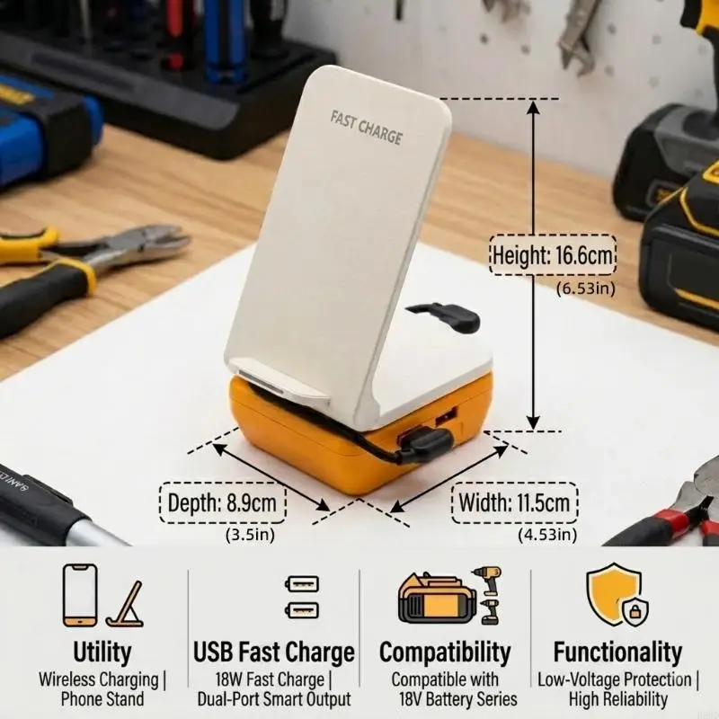 Wireless Charging Battery Adapter Stand with Foldable Phone Support, USB-A USB C Output Port for 48-11-1835 48-11-1890 H8WD