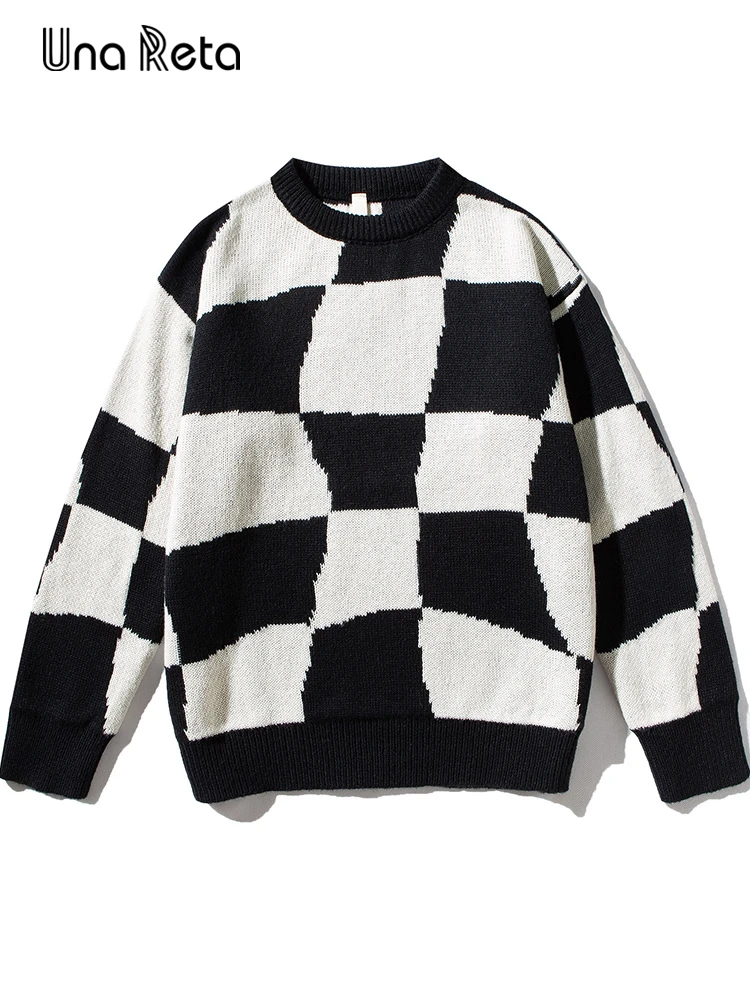 

Una Reta Men Sweater Streetwear Autumn Winter New Hip hop Irregular Plaid Print Knitted Pullover Tops Harajuku Couple's Sweater