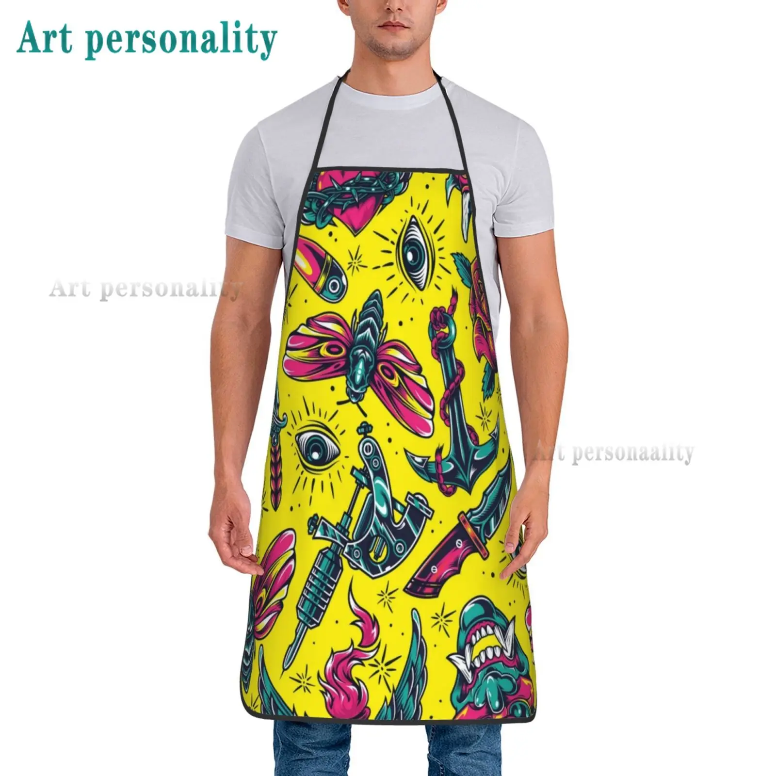 Tattoo Apron a Skull Tribal Floral Like Designs Sexy Aprons Unisex Adult Apron Kitchen Bib with Adjustable Neck for Cooking