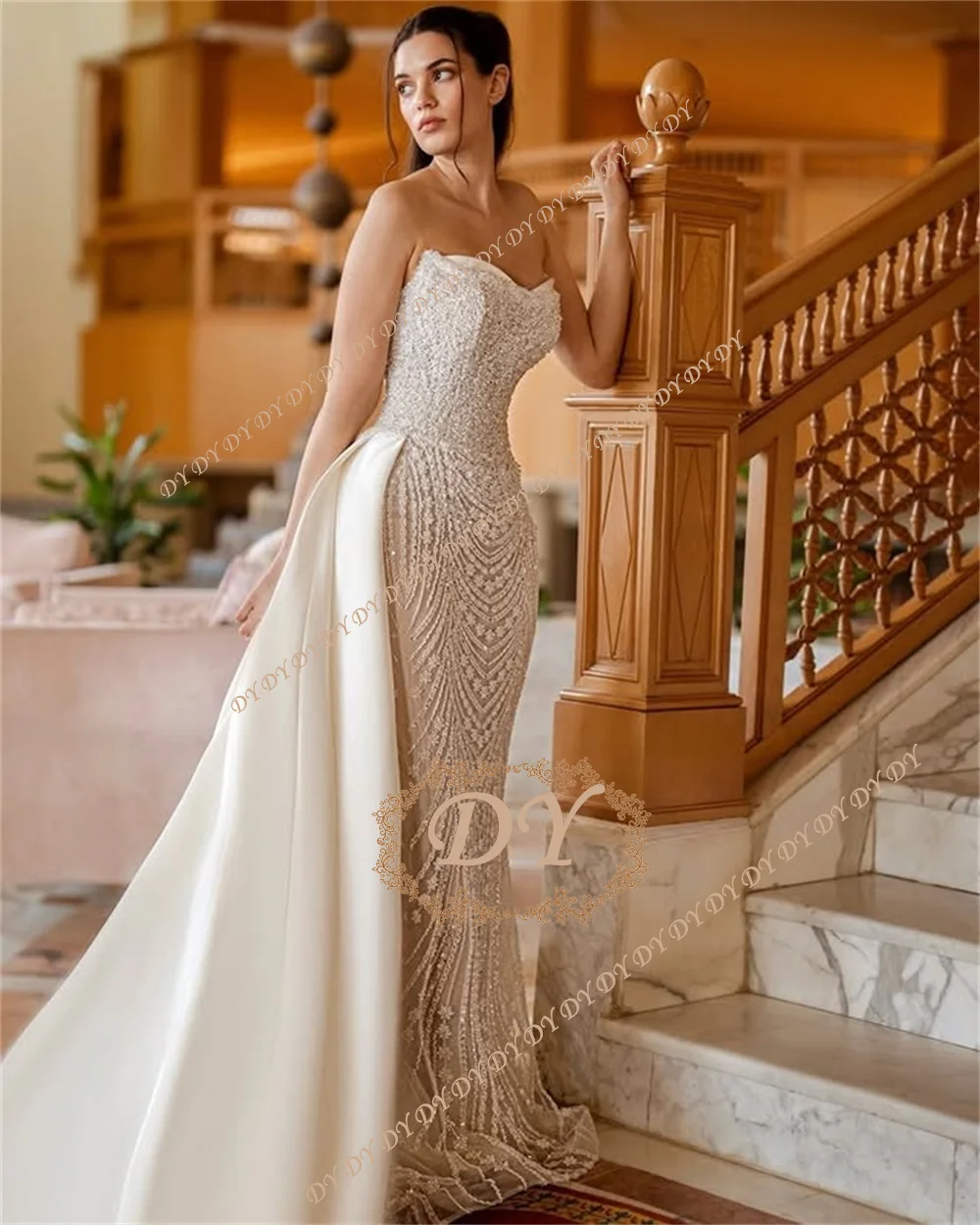 

Свадебные платья DY Custom Mermaid без бретелек с молнией на спине, элегантные свадебные платья с отстегивающимися рукавами и шлейфом