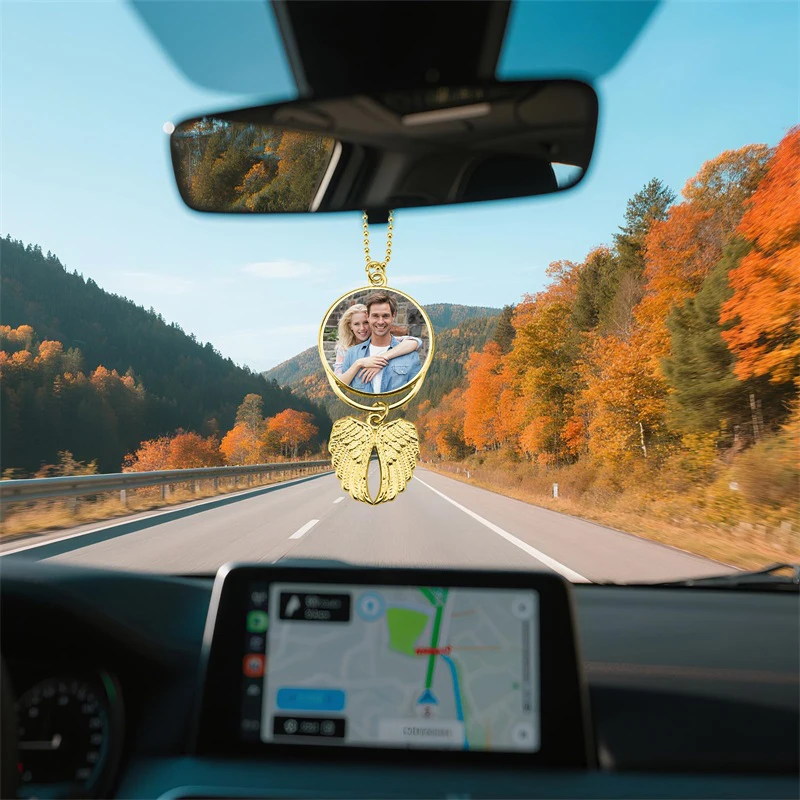 Custom Photo Angel Wings Pendant Ornaments Car Hanging Ornament Personalized Picture Engraving Car Ornament for Rear View Mirror