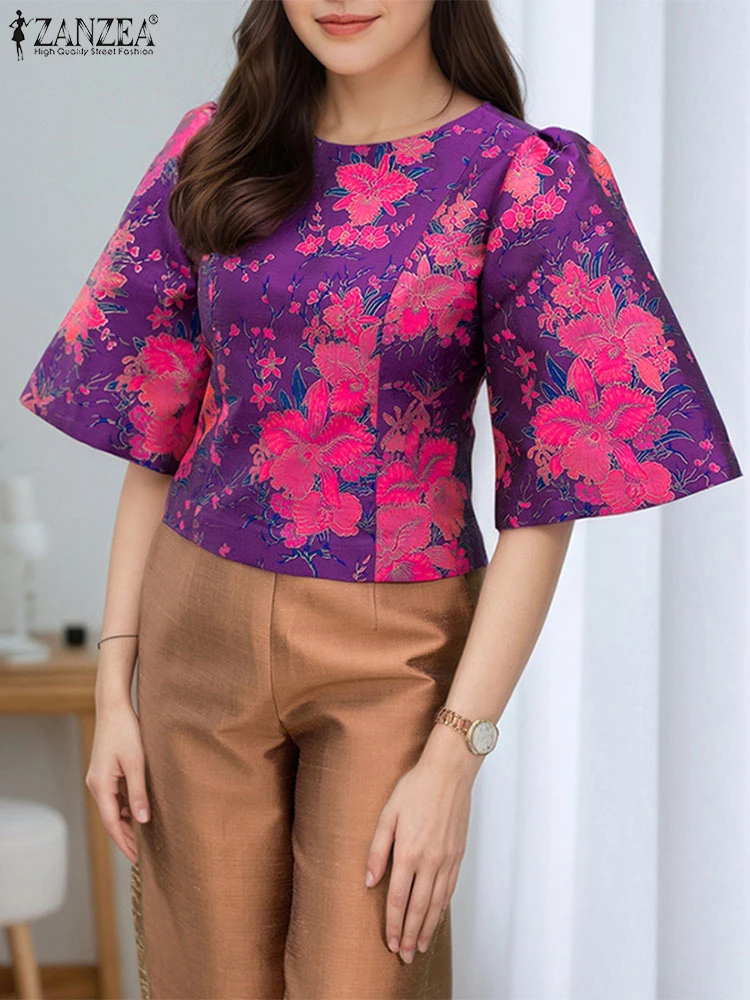 

ZANZEA Elegant Satin Blouse Women Fashion Floral Printed Shirts 2025 Vintage Casual Flare Sleeve Tunic Tops Bohemian Blusas