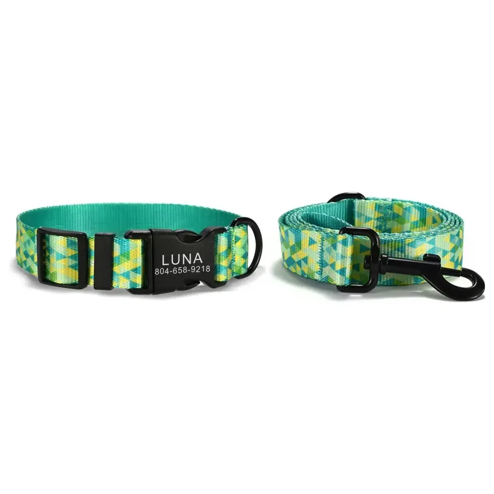 

Personalized Dog Collar with Free Engraving, Matching Pet Leash,Customzied Contacts Buckle, Green Triangle Cat Pet Collar