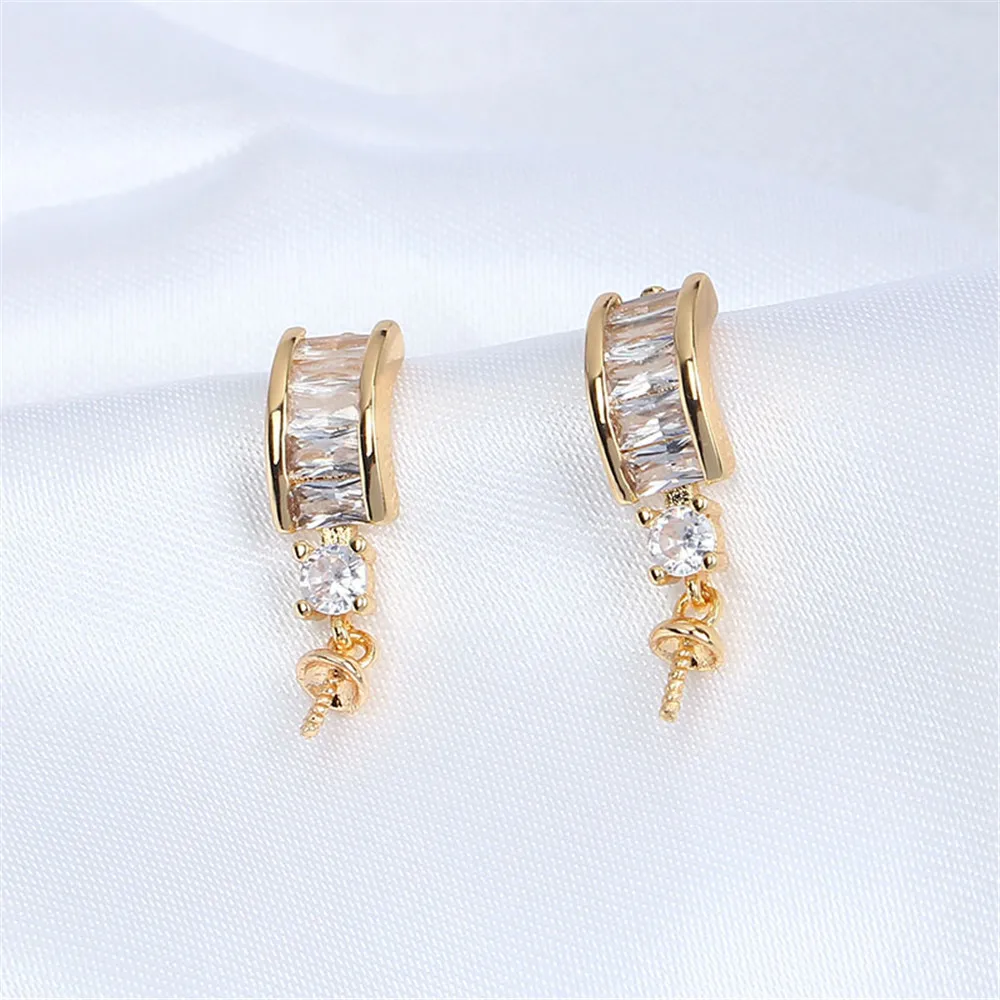 S925 Silver Needle Small T Square Zirconium Pearl Earrings 14K Bag Gold Stud Earrings Empty Support DIY Accessories Women