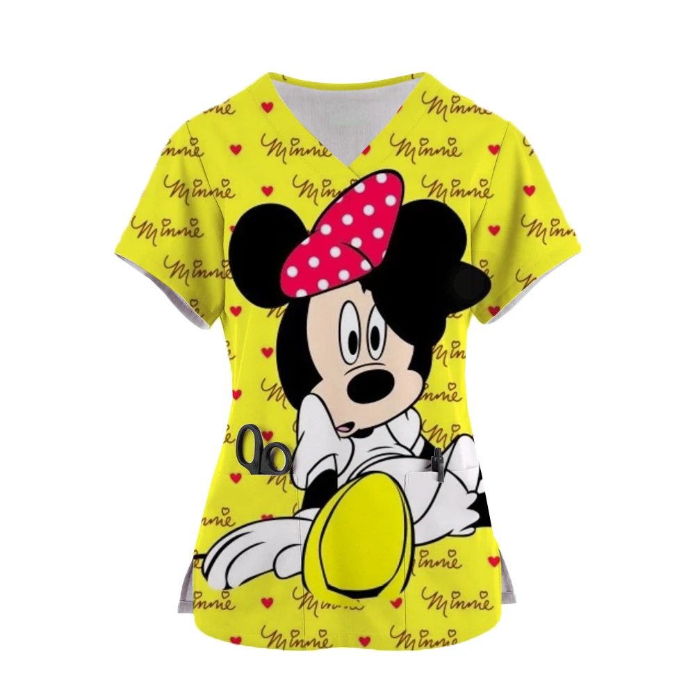 

Ladies Nurse Uniform Short Sleeve V-neck Workwear Disney Mickey Mouse Print Working Uniform Woman Casual Medical Nursing Blouse