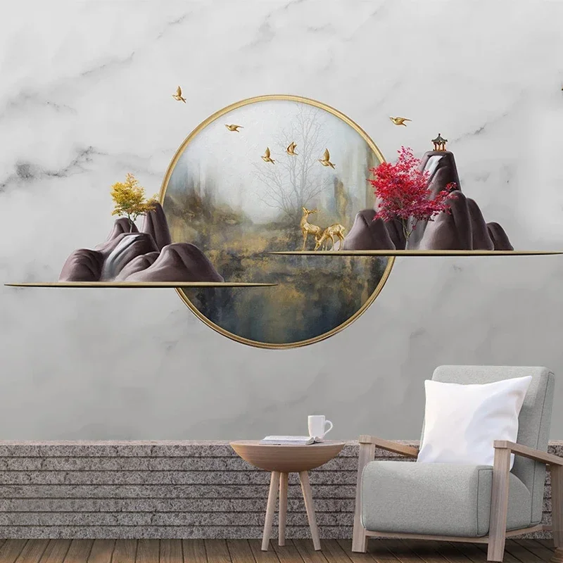 

Custom Mural Wallpaper Chinese Style Abstract 3D Stereoscopic Mountain Elk Bird Background Living Room Painting Papel De Parede