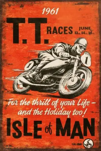 TT Races Motor Bike Advert, Aged Look Vintage Retro Style Metal Sign Plaque