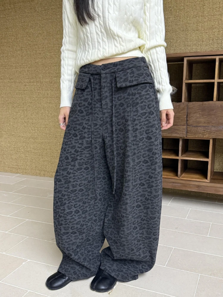 Retro leopard print woolen casual pants women 2025 new fashion trendy loose drawstring hanging street  wide leg pants