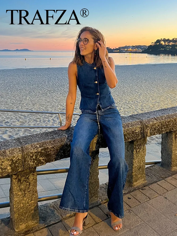 TRAFZA 2024 Summer Women Fashion Denim Trousers Suits V Neck Slim Short Vest Top + Commute Office Lady Female Wide Leg Long Pant