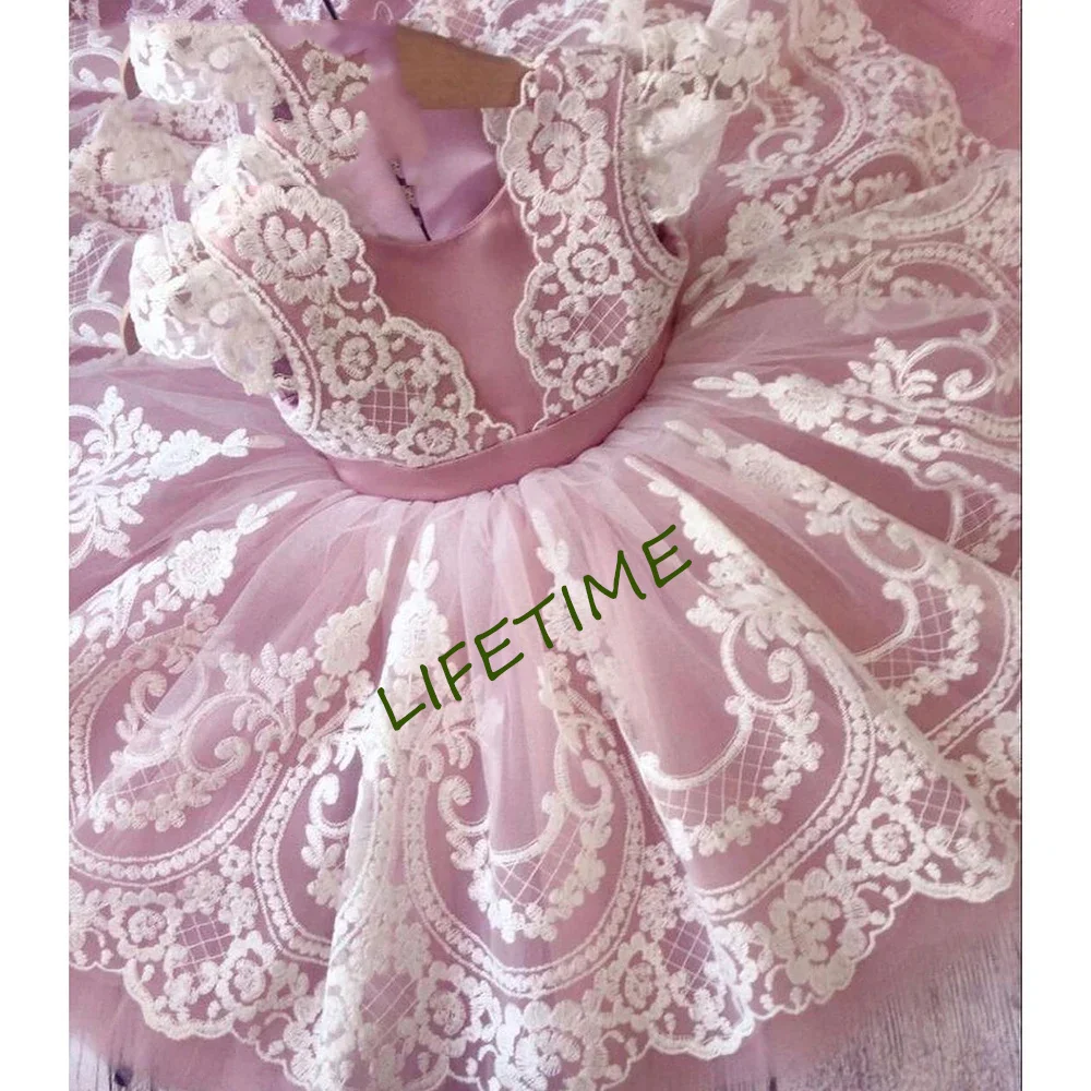 Vestido de flor de renda rosa inchado menina, vestido de festa de aniversário da menina, vestidos de princesa de tule infantil, primeira comunhão infantil bonito