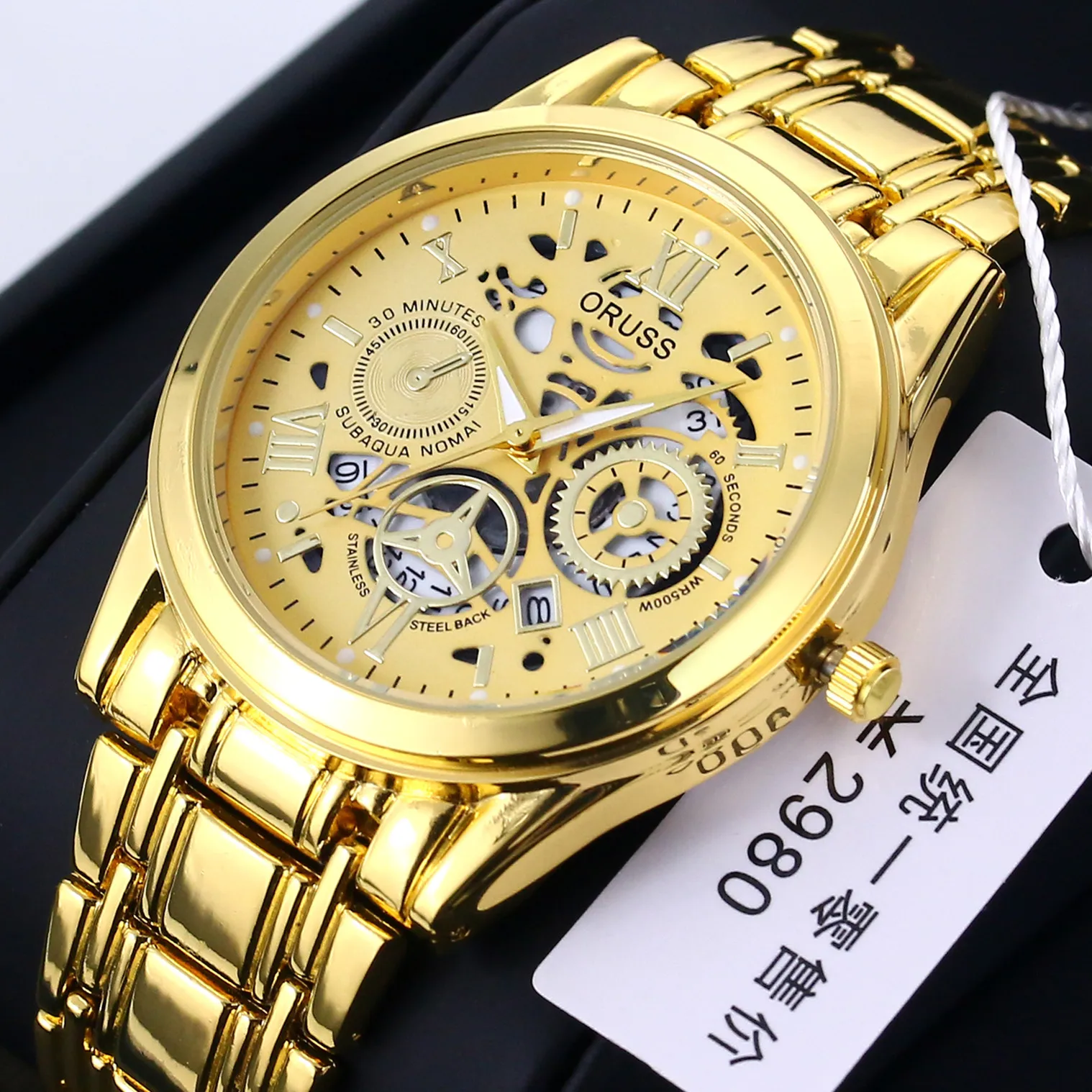ORUSS Business Men's Quartz Watch Calendar Window Hollow Dial Waterproof Stainless Steel Strap High-Quality Men's Watches