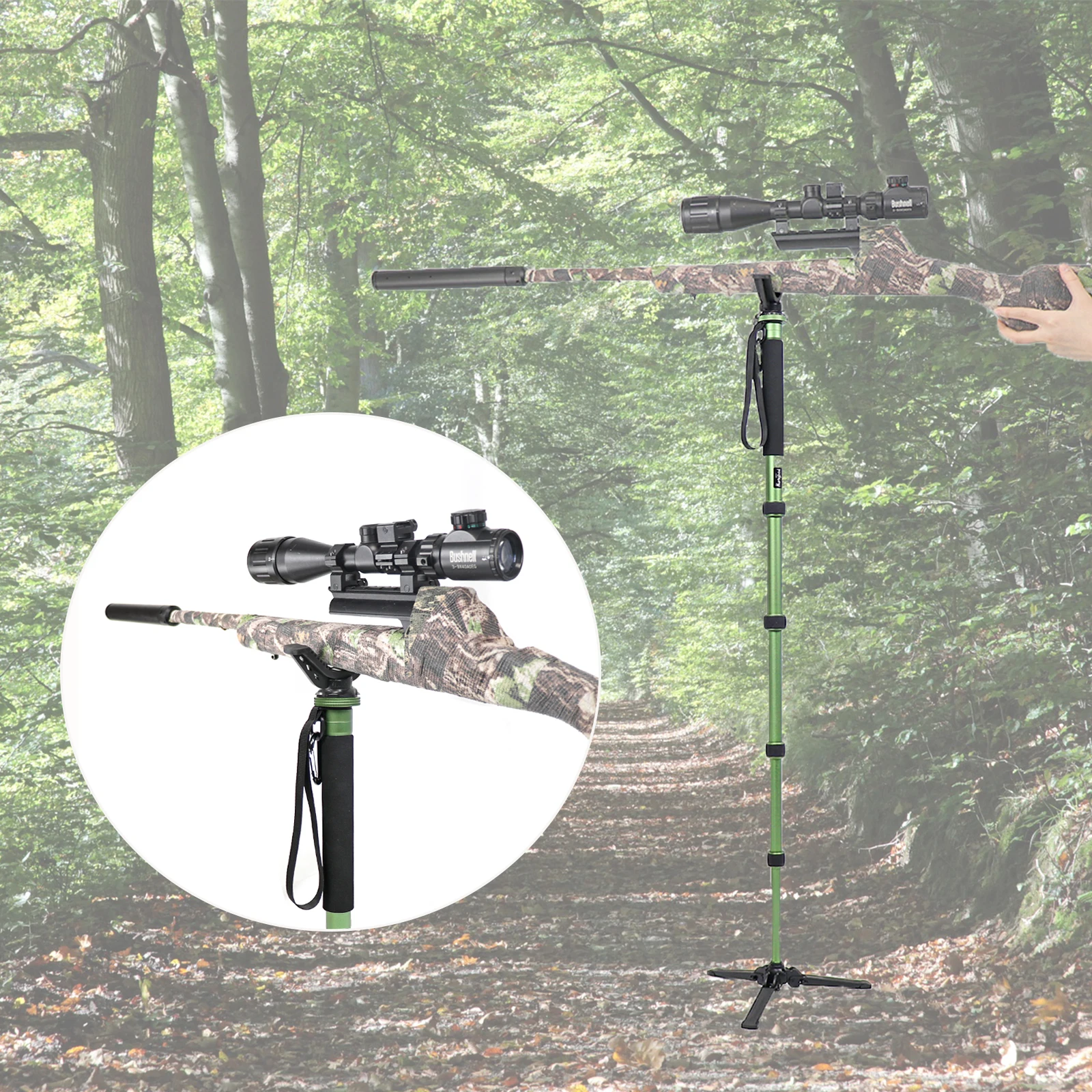 Aluminum Shooting Hunting Monopod Adjustable Green Shooting Stick Professional Gun Rest with V Yoke Holder for Hunting Outdoors