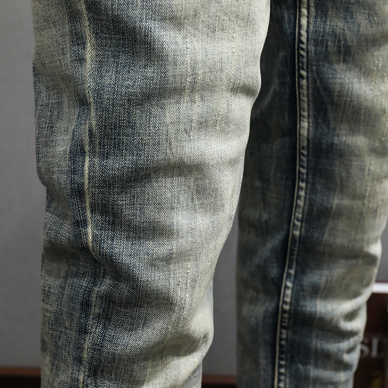 Italian Style Fashion Men Jeans High Quality Retro Washed Blue Stretch Slim Fit Ripped Jeans Men Vintage Designer Denim Pants