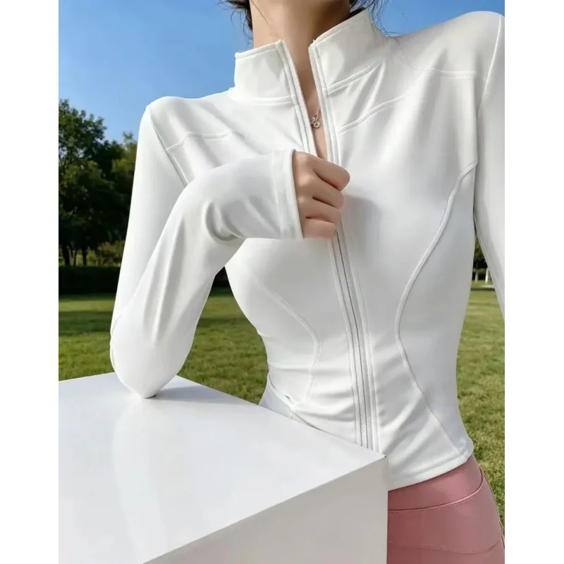 Women's Slim Fit Zip Up Jacket, Stand Collar Long Sleeve Crop Top, Soft Stretchy Casual Outwear for Daily Streetwear