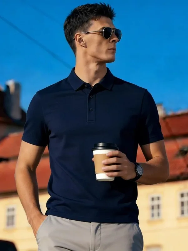 Tagkita Men's Knitted  Shirt Short Sleeve Breathable Comfortable Cool Feeling Summer Business High Grade Ostrich Collar T...