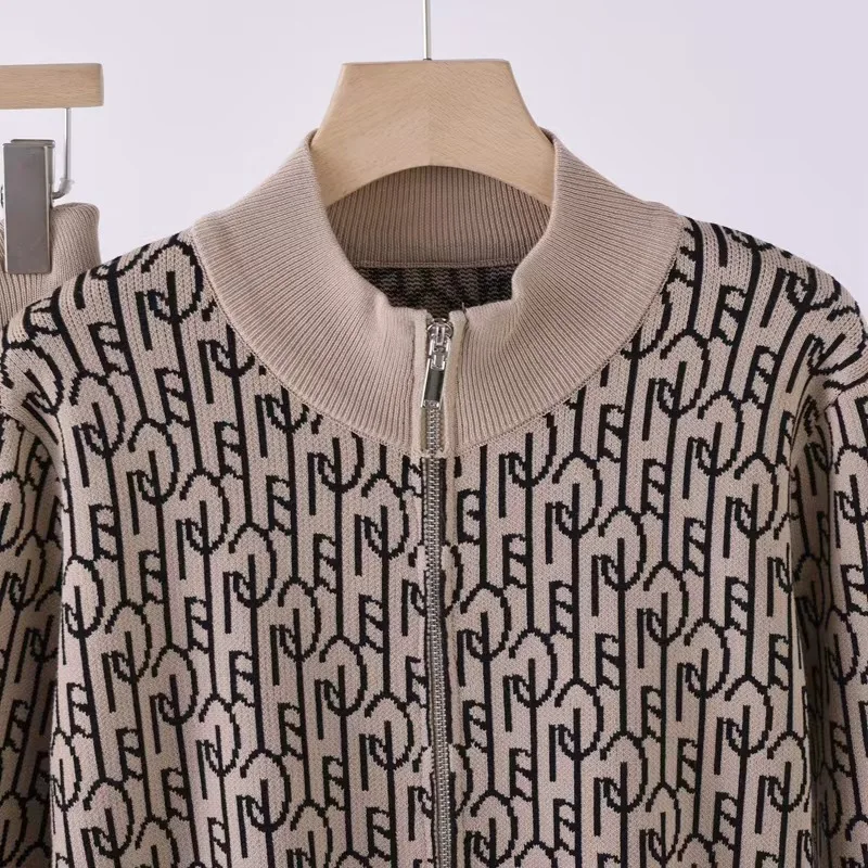 Damskie komplety dzianinowe z nadrukiem, nowe, dwuczęściowe, zapinane na zamek, z dekoltem typu O, sweter z długim rękawem, kardigan, topy, zestawy, spodnie z wysokim stanem.