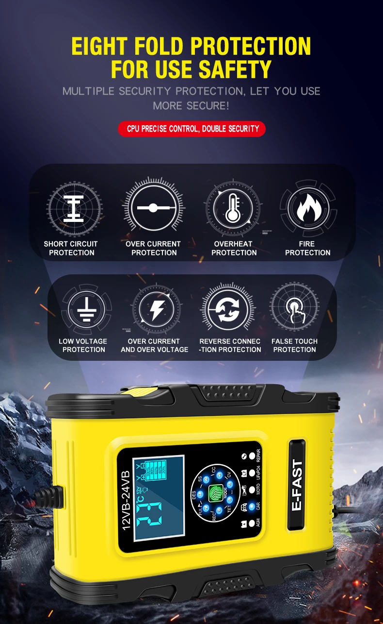 بطاريات جل AGM لحمض الرصاص الجاف الرطب LiFePo4 لتصليح نبضات شاحن بطارية السيارة الذكية بشاشة رقمية عالمية 12V12A/24V6A