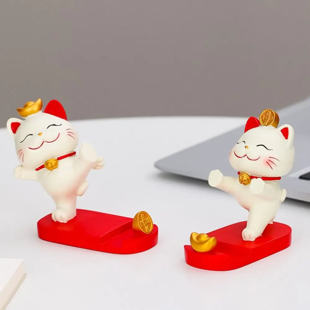 Kawaii Lucky Cat Phone Holder Exquisite Mini Resin Lucky Cat Ornament Romance Durable Chinese Style Animal Figurine Living Room