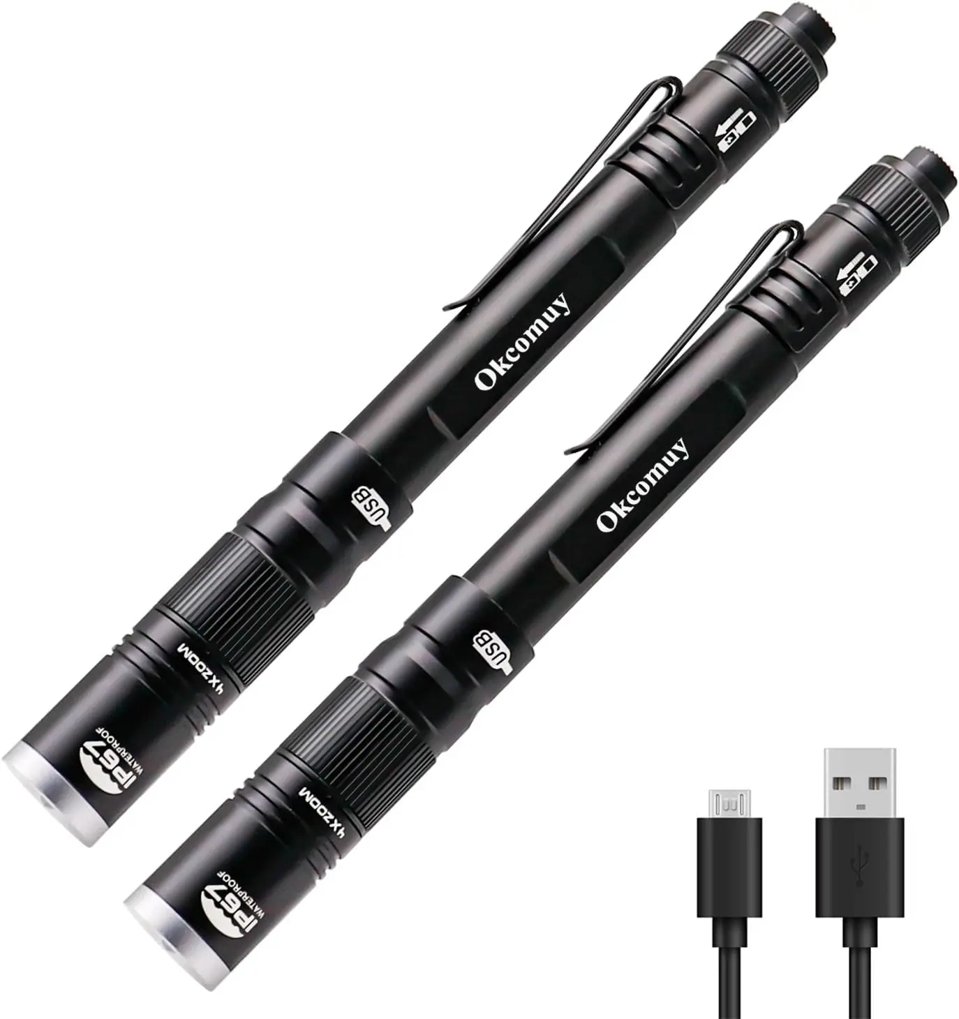 

Перезаряжаемый фонарик-ручка IP67, водонепроницаемый, с 4 зумами, карманный зажим, черный (2 шт.)