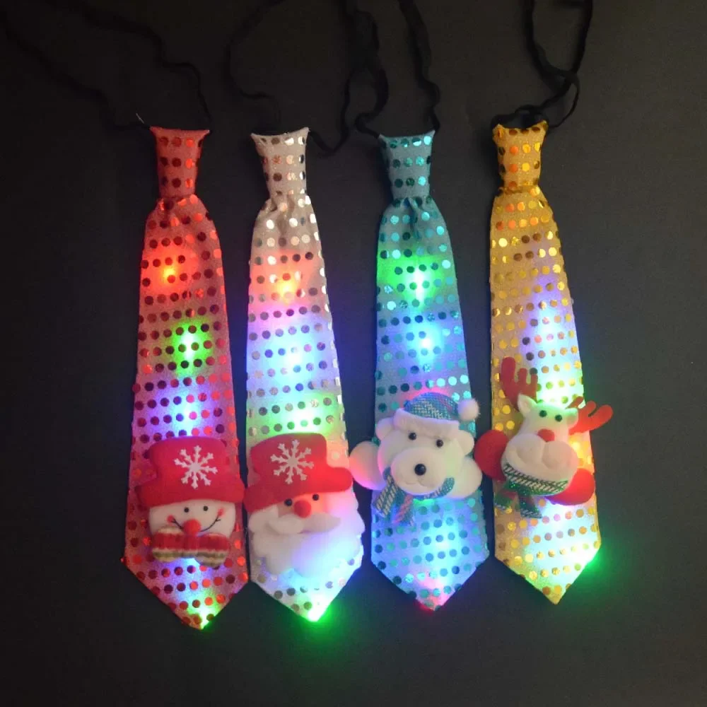 1pcs Boy Girl Women LED Light Up Sequin Santa Claus Snowmen Elk Tie Glow Party Bow Navidad Christmas Halloween