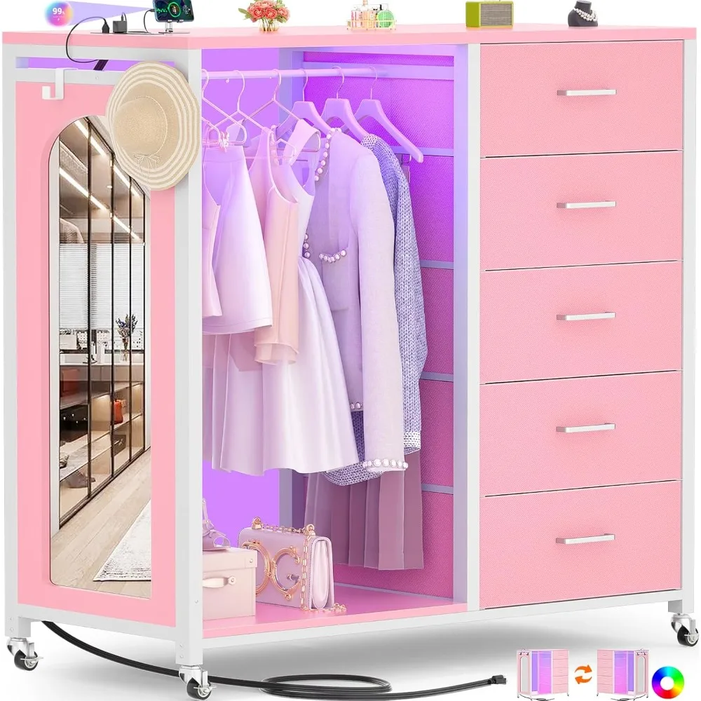 

Dresser for Bedroom with Clothes Rack & Mirror, Pink 5 Drawers Dresser with Charging Station & LED Lights, Rolling Chest