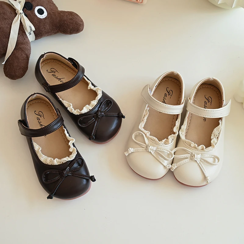 Bow Solid Girls Flats Shoes Spring Autumn Ruffles PU Children Princess Shoes Hook Loop Shallow Soft Toddler Kids Mary Janes