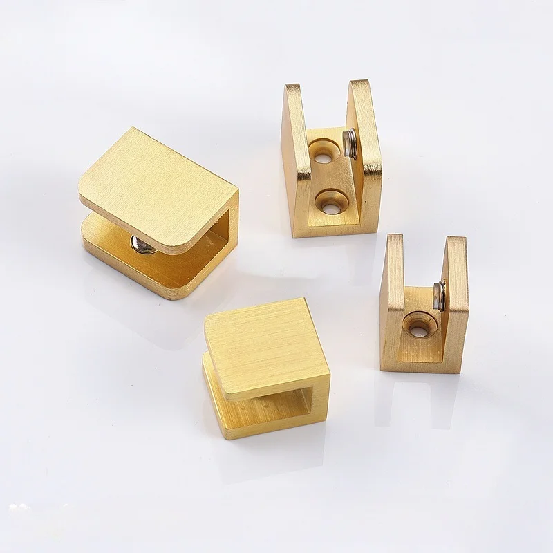 6PCS Solid Brass Glass Clamps Brushed Gold Shower Storage Shelf Fixed Clips U Shape Glass Cabinet Door Clamps Support Brackets