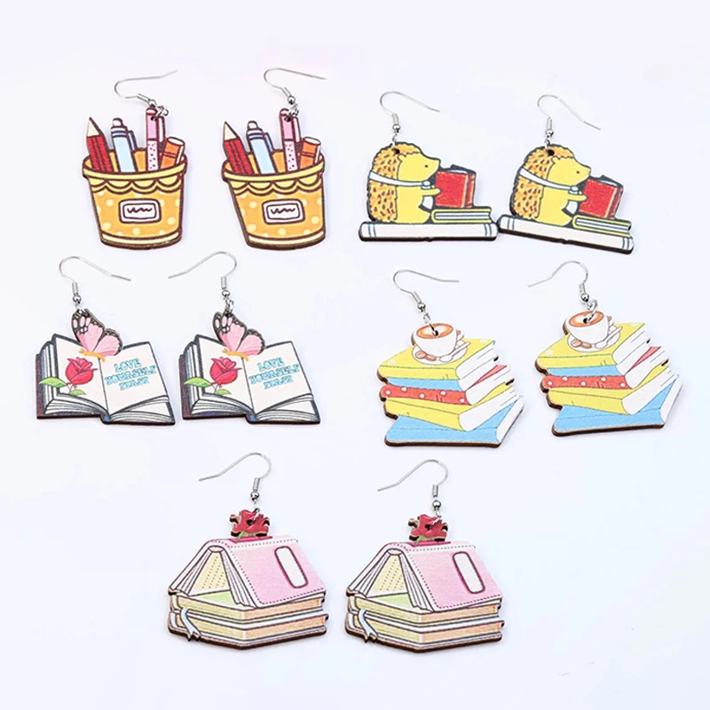 Cute Korean Style Colorful Books Pencil Wood Dangle Earrings Teacher'S Day Homecoming Season Campus Jewelry Gifts