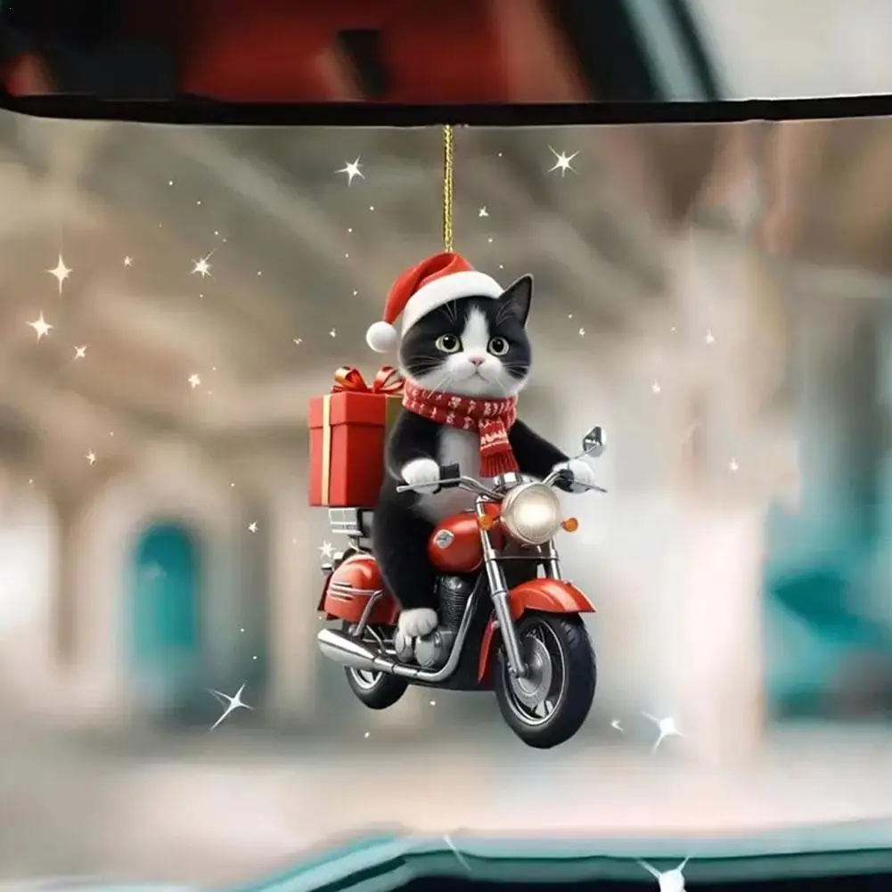 

Motorcycle Cat Acrylic Hanging Decoration Christmas Tree Car 2D Flat Riding Kitten Hanging Ornament Cartoon Animal Pendant