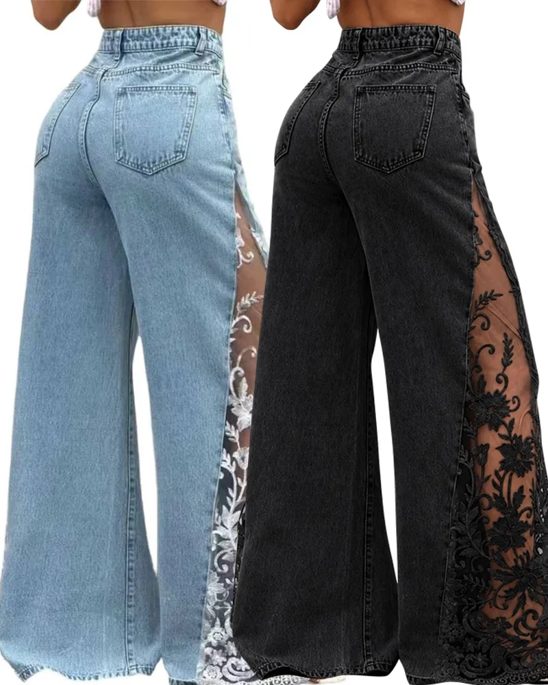 D8785 European and American Export Women's Stretch Denim Jeans with Color-Blocking Lace Paneling Wide-Leg Design