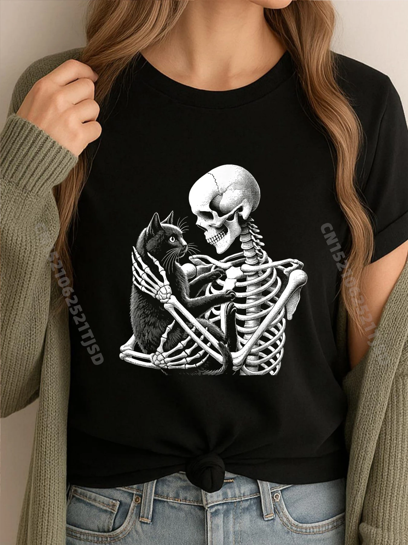 

Скелет держит кот, забавный ленивый костюм на Хэллоуин, череп, большие и высокие футболки, футболки с аниме, английский стиль