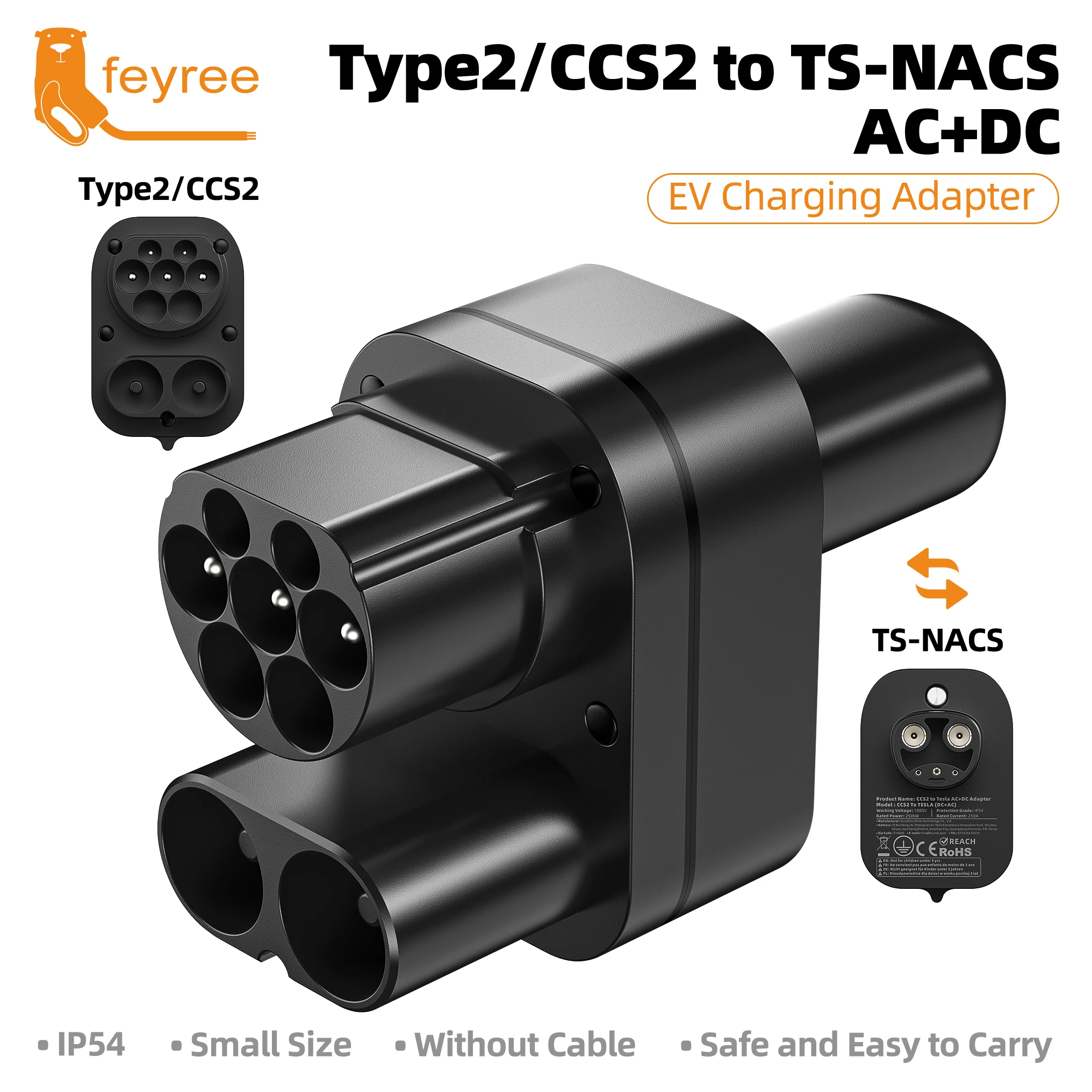 Adaptador Feyree CCS2 para Tesla AC+DC Compatível com Tesla Model 3/X/Y Fabricado nos EUA Adaptador Combo CCS2 Suporta Carregadores CCS2 e Tipo 2