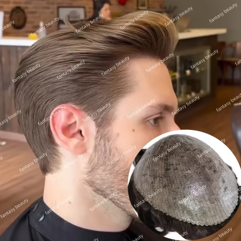 100% شعر بشري طبيعي ذكر صناعي نحيف الجلد كامل قاعدة من البولي يوريثان 0.12 مللي متر حقن الباروكات للرجال نظام الرجال الشعرية الاصطناعية