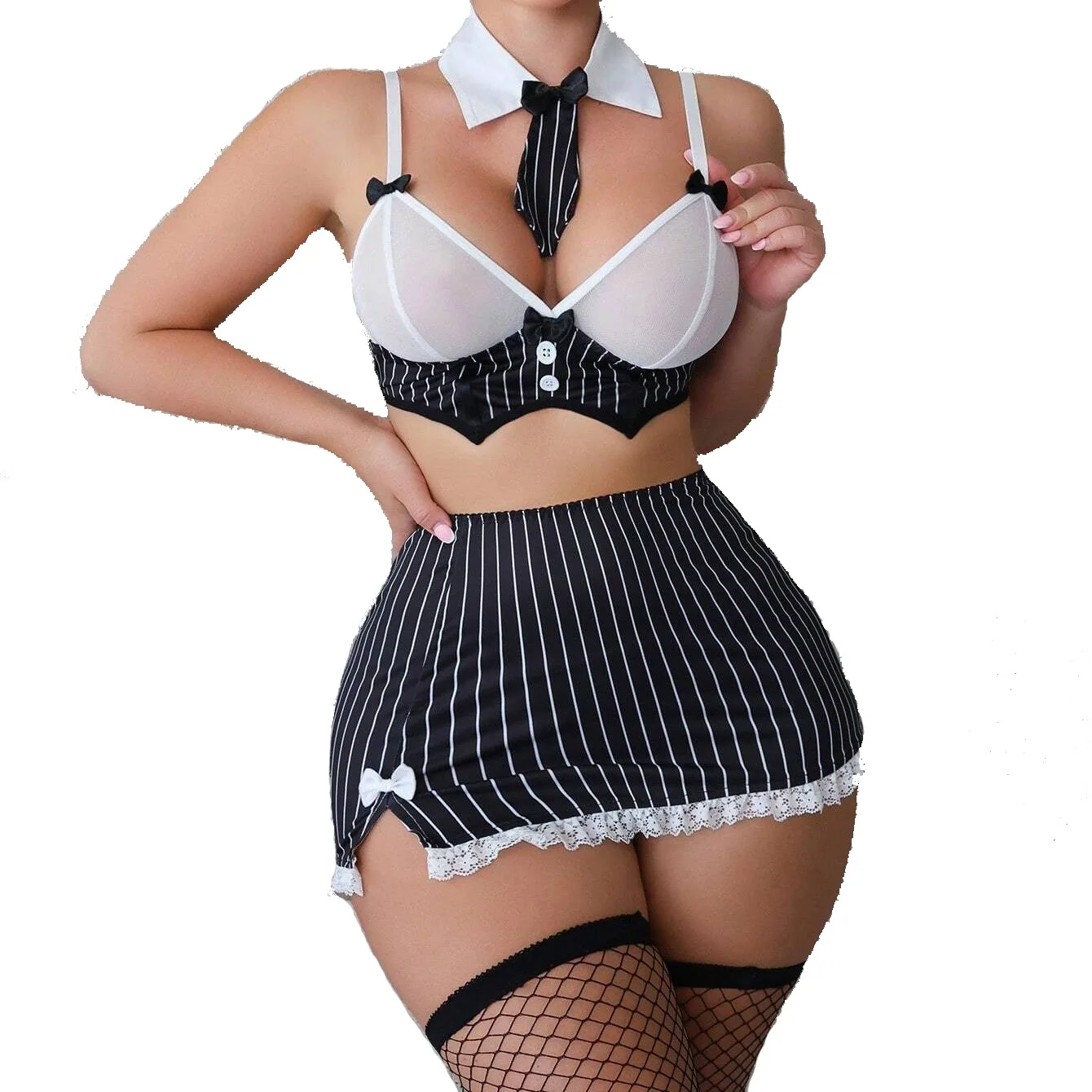 

Women Sexy Lingerie 4 Piece Set Lace Bra Vertical Stripe Mini Skirt Thong Bow Tie Fashion Necktie Outfit