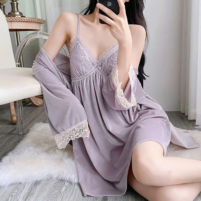

2025 Winter 2PCS Sexy Lace Lingerie Thick Warm Gold Velvet Nightgowns Robes Sets for Women Sleepwear Bathrobe Night Dress Nighty