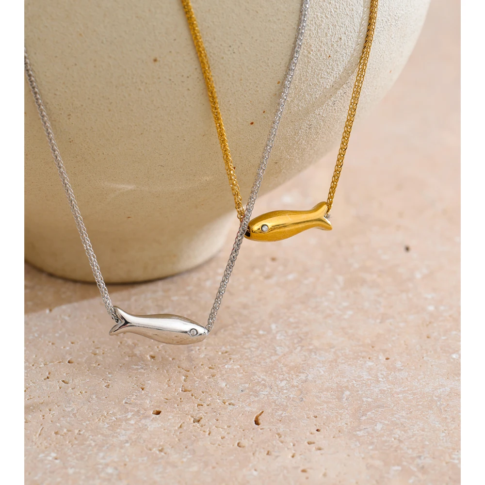 Yhpup Chic Stainless Steel Zircon Fish Pendant Necklace Gold & Platinum PVD Plated Waterproof Exquisite Jewelry Gift for Women