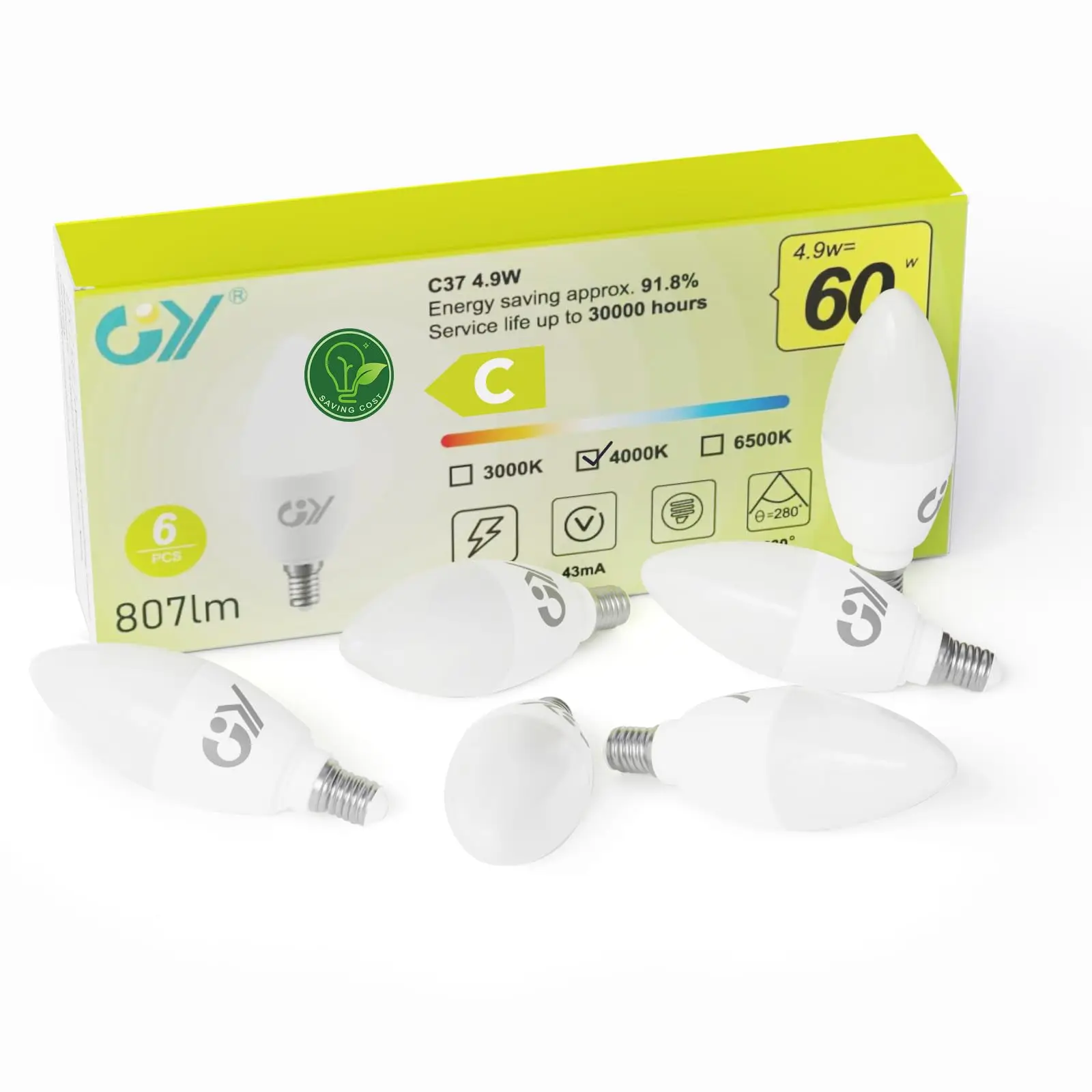 Lampe LED GY E14 4,9W 807 Lumen C37, ampoule bougie, éclairage à économie d'énergie, remplacement 60W, non dimmable, classe d'efficacité énergétique C