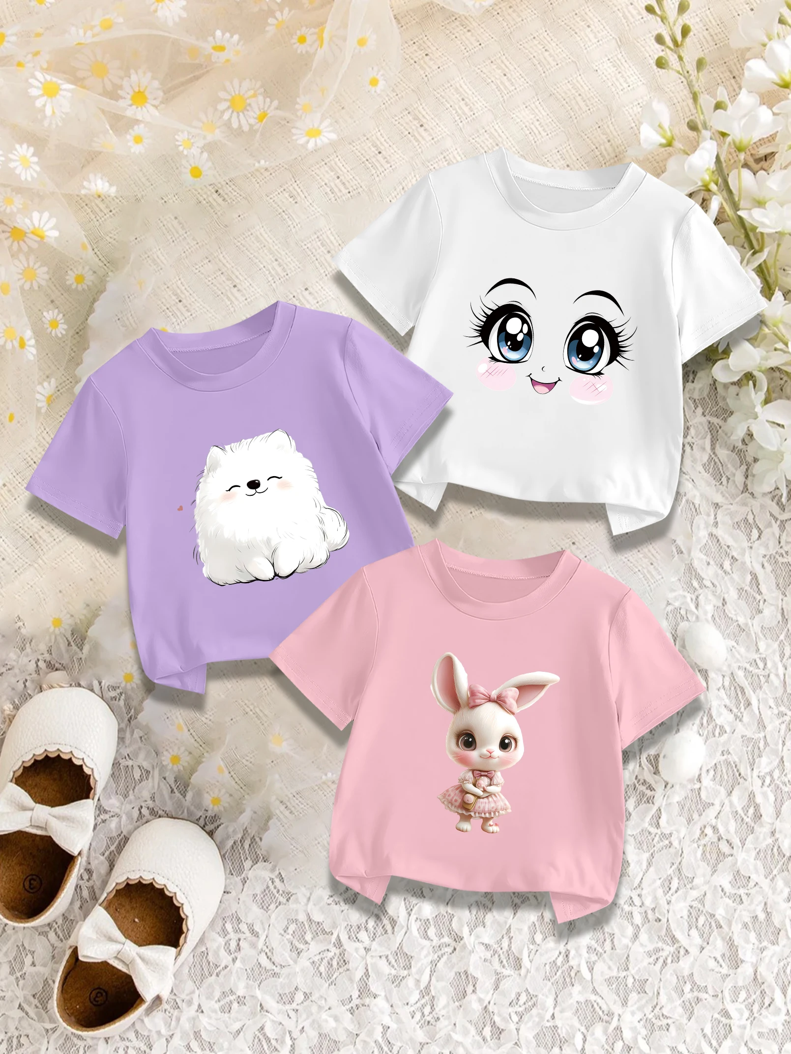 

3 предмета в комплекте: Милая летняя футболка с короткими рукавами для девочек, с рисунком кролика, щенка и эмодзи, милый повседневный топ