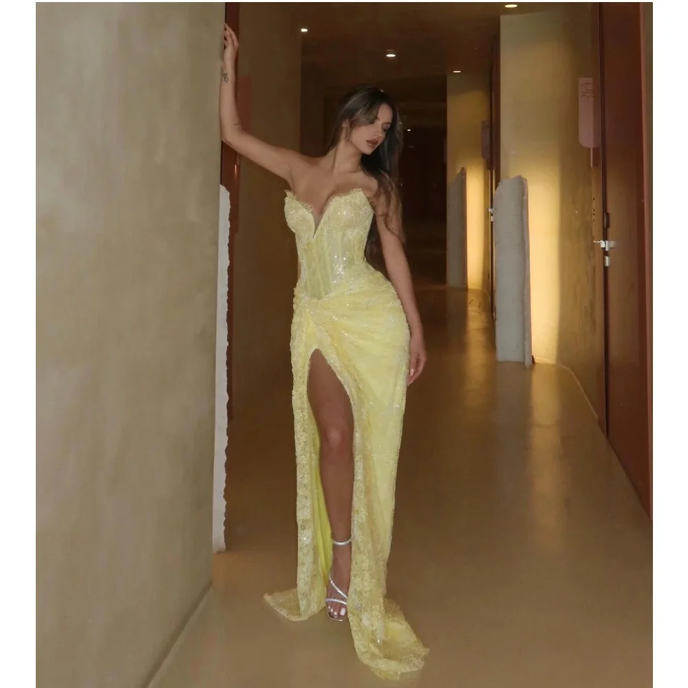 

Потрясающие желтые вечерние платья с кружевом и блестками, без рукавов, с разрезом по боку, на заказ, для особых случаев