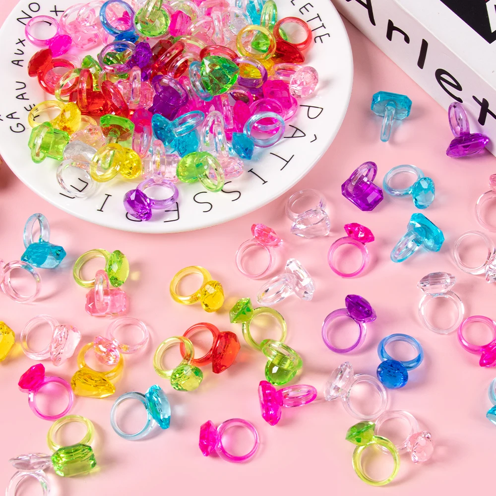 20/40pcs Plastic Colorful Gem Rings Toys for Kids Bulk Toy Diamond Ring Princess Ring Dress Up Favor Kid Birthday Party Supplies