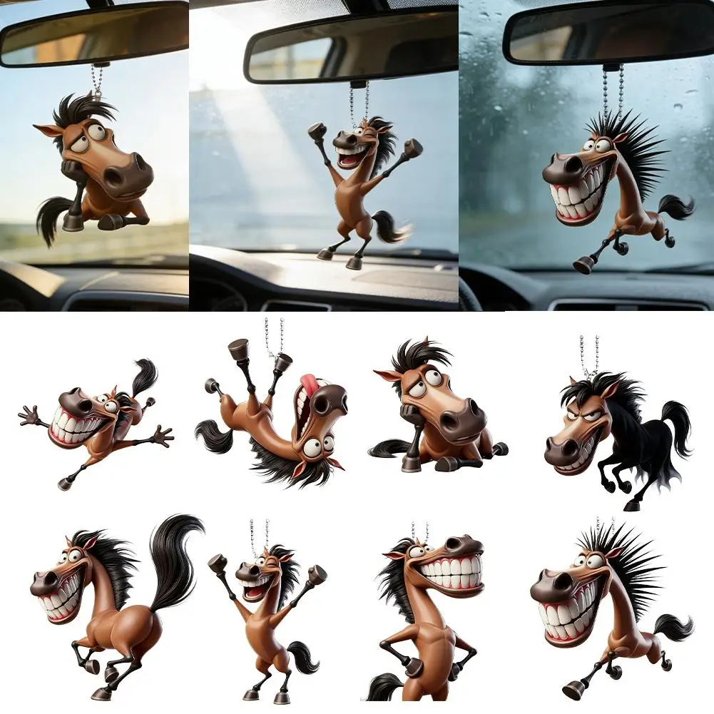 NEW Big Mouth Horse Keychain 2D RearView Mirror Acrylic Pendant Car Interior Decoration Toys Cartoon Animal Hanging Ornament
