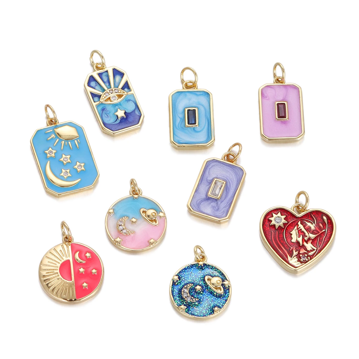 Fashion Multicolor Enamel Square Round Charms for Necklace Sun Moon Star Pattern Pendant DIY Jewelry Findings