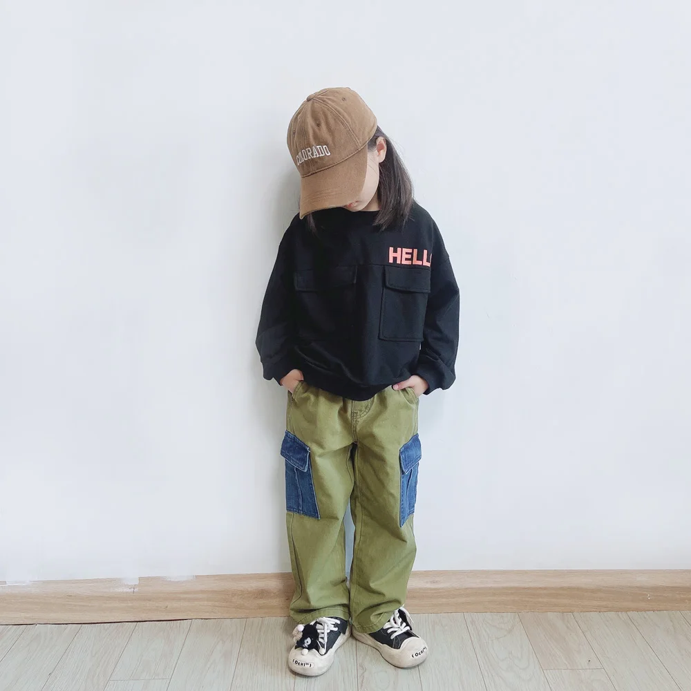 ANKRT autumn and winter parent-child clothing, children's stylish color blocked denim pants, baby casual sports workwear style