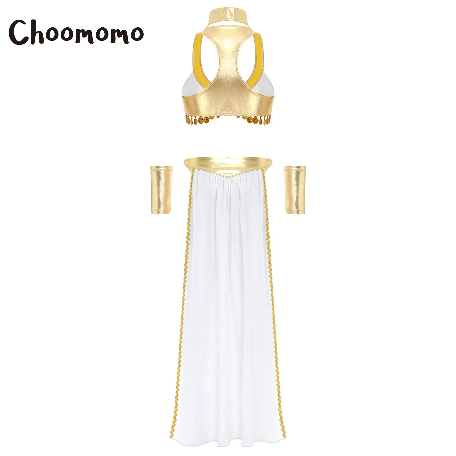 

Women Indian Belly Dance Costume Metallic Shiny Ancient Egyptian Queen Cosplay Dress with Collar Crop Top Chiffon Skirt Outfits