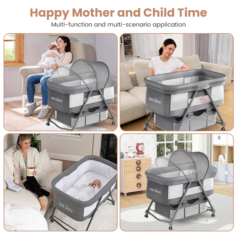SEJOY Baby Crib Rocking Crib Convertible multi-function folding With Mosquito Net & Mattress & Wheels