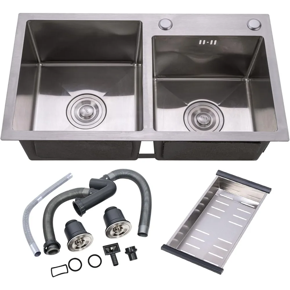 

30 Inch Double Bowl Drop-in/Topmount Kitchen Sink, Nano-Coated Stainless Steel Kitchen Sink with Accessories (Silver)
