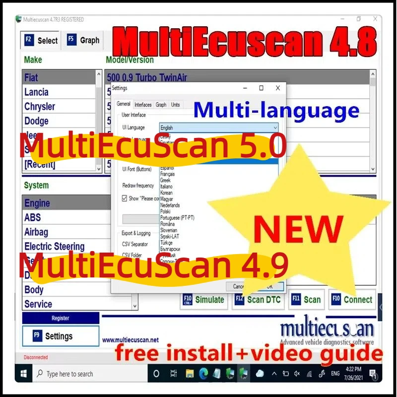 

2025 MultiEcuScan 5.0 Register / Multi-Ecu-Scan V4.8/4.9 with activator for Fi-at/Al-fa/Ro-meo Connector Car Diagnostic Software