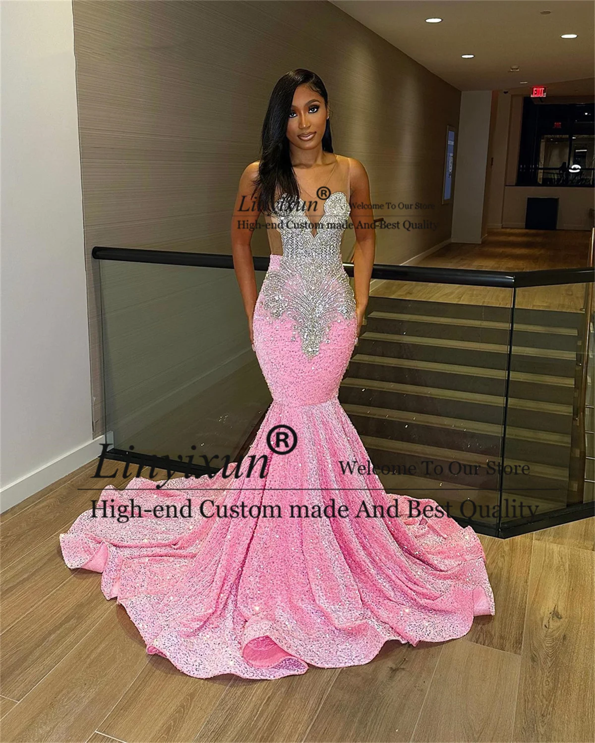 Pink Sequin Prom Dresses For Black Girls Silver Beaded Mermaid Formal Evening Party Gowns V Neck Court Train Robes De Soirée