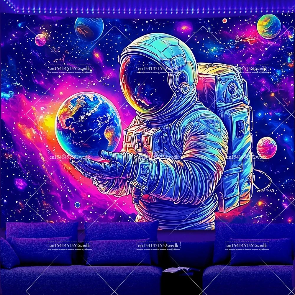 Glow In The Dark Astronaut Blacklight Tapestry UV Reactive GalaxySpace Scene Neon Tapestrys Aesthetic Fluorescent Tapestries