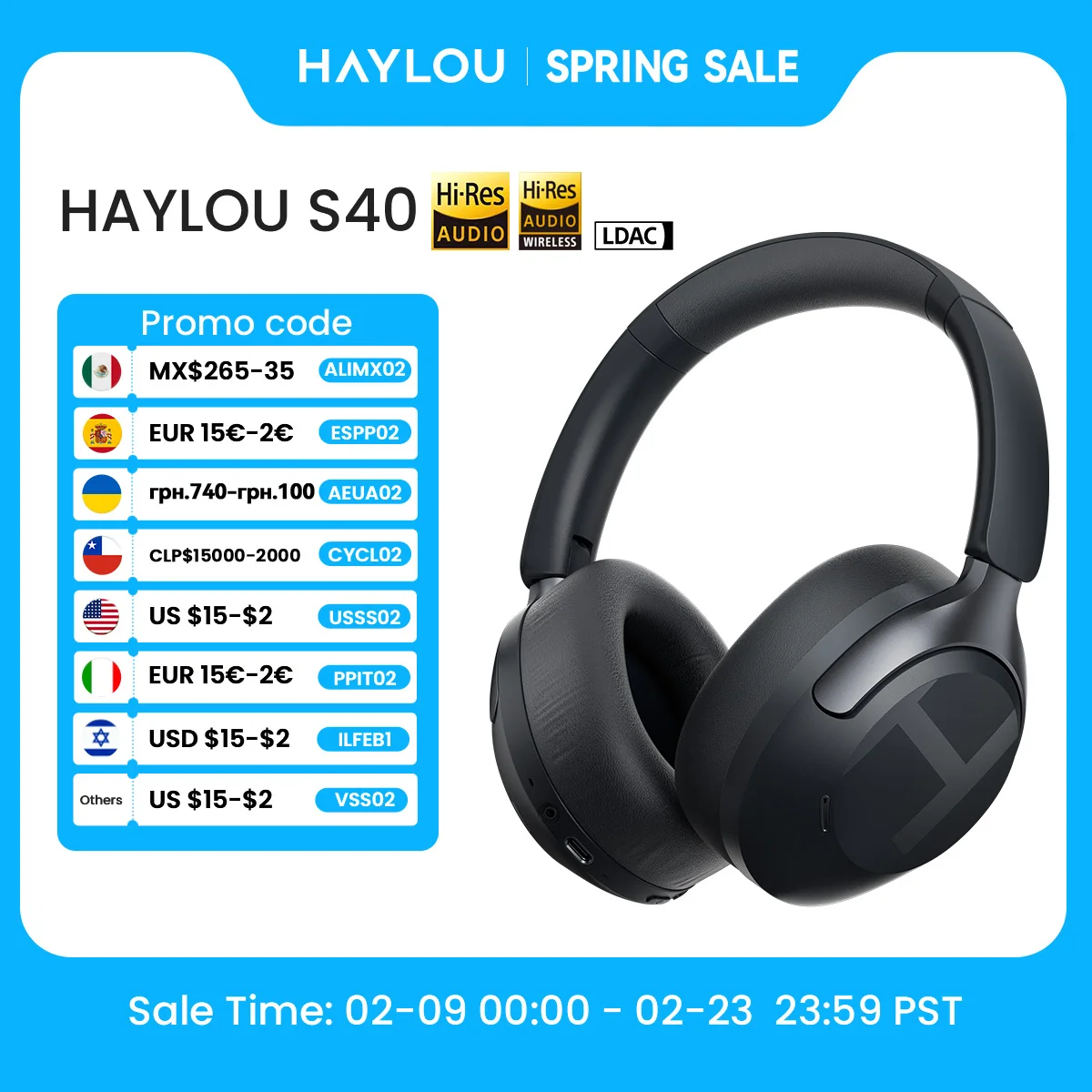 HAYLOU S40 ANC 무선 헤드폰 50dB 소음 제거 Hi-Res 3D 공간 오디오 이어폰(LDAC Bluetooth 6...